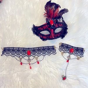 Half mask, bracelet w/ attached ring and choker necklace red jewels black lace